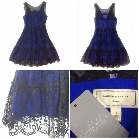 NWT Moulinette Soeurs X Anthropologie Blue & Black Lace Sleeveless A-Line Dress - Picture 7 of 16